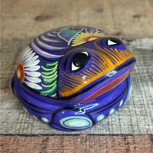 Mexican Clay Terra Cotta Pottery Frog Trinket Box Folk Art Hand Painted Glazed